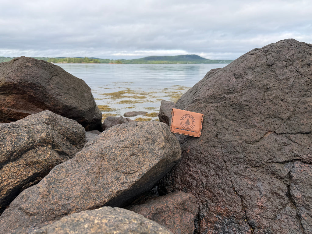 Natural leather card wallet on shoreline rocks