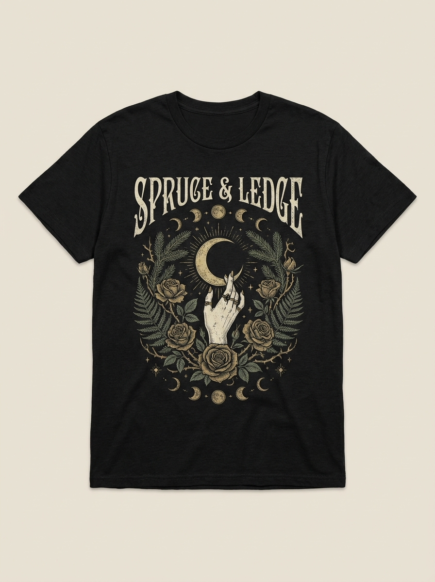 County to Coast Box shirt design: vintage engraved hand and crescent moon with roses, cream and gold on black