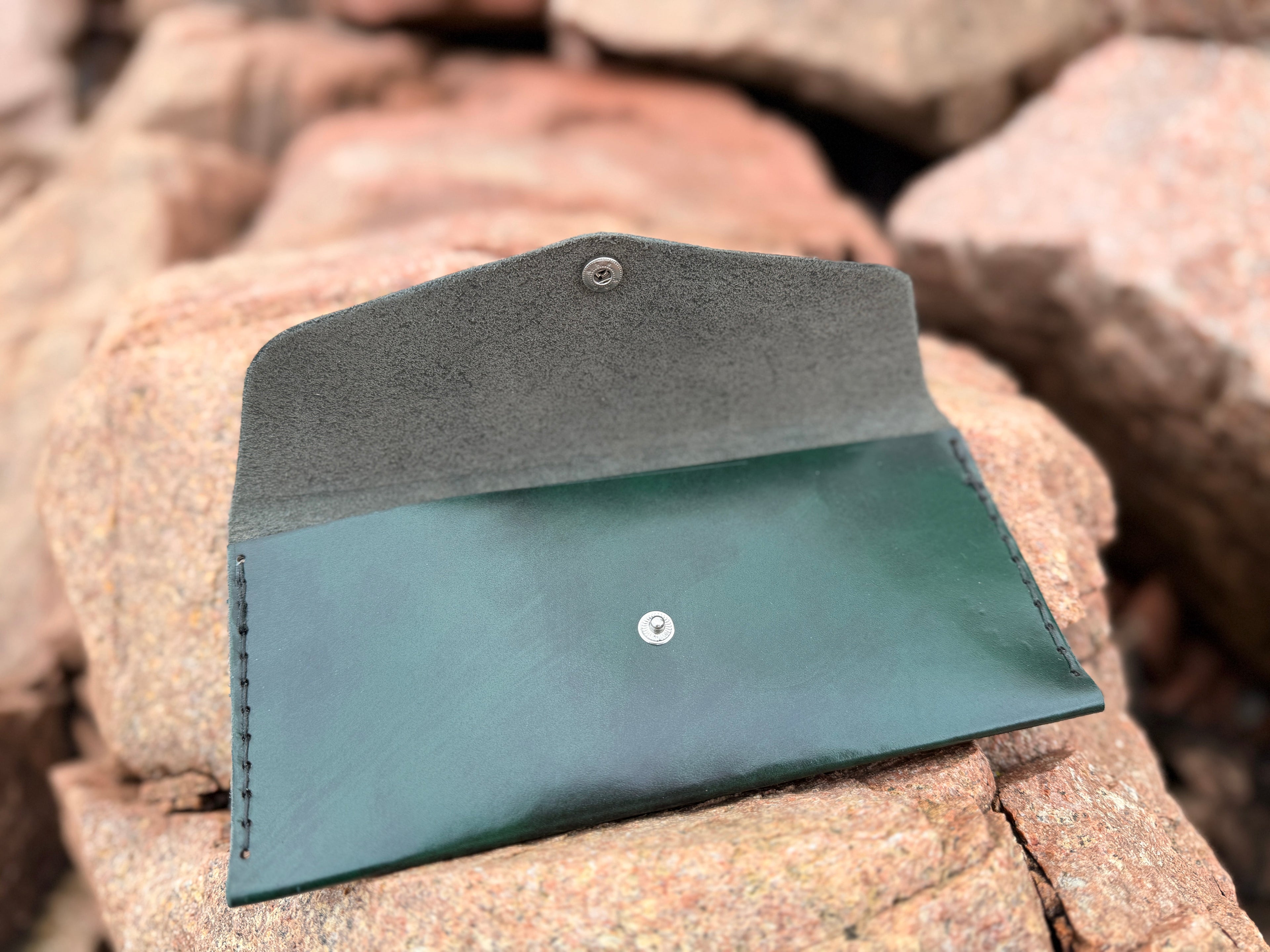 Forest green leather envelope wallet with snap