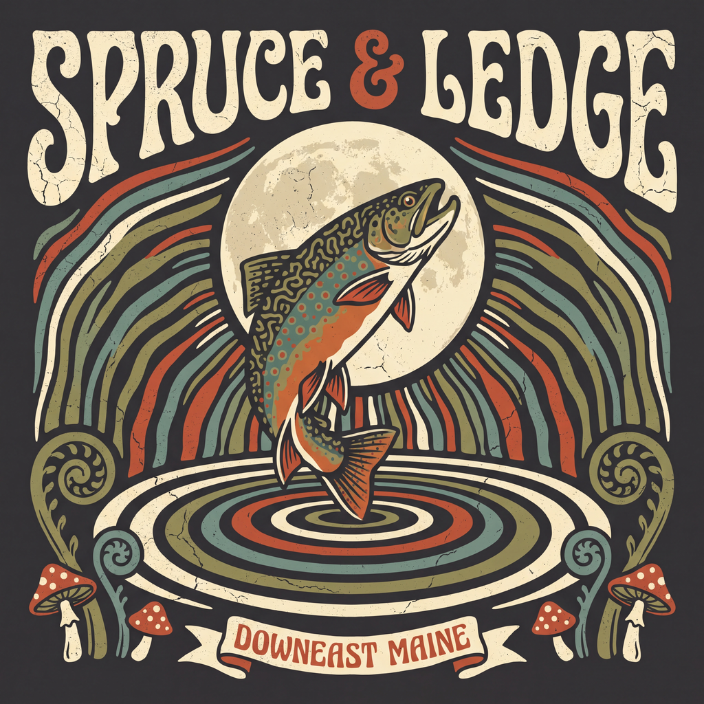 County to Coast Box shirt design: psychedelic retro brook trout, Downeast Maine