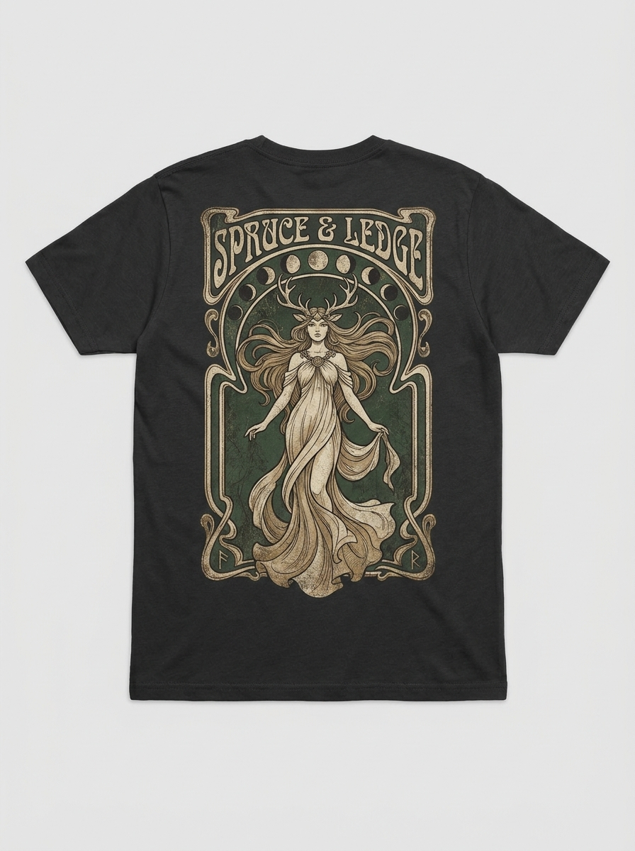 County to Coast Box shirt design: full art-nouveau back print of an antlered forest goddess. Some months print the back.