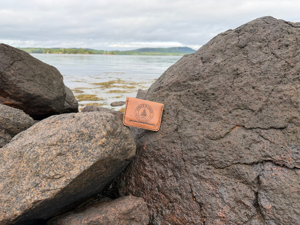Natural leather card wallet on coastal rocks