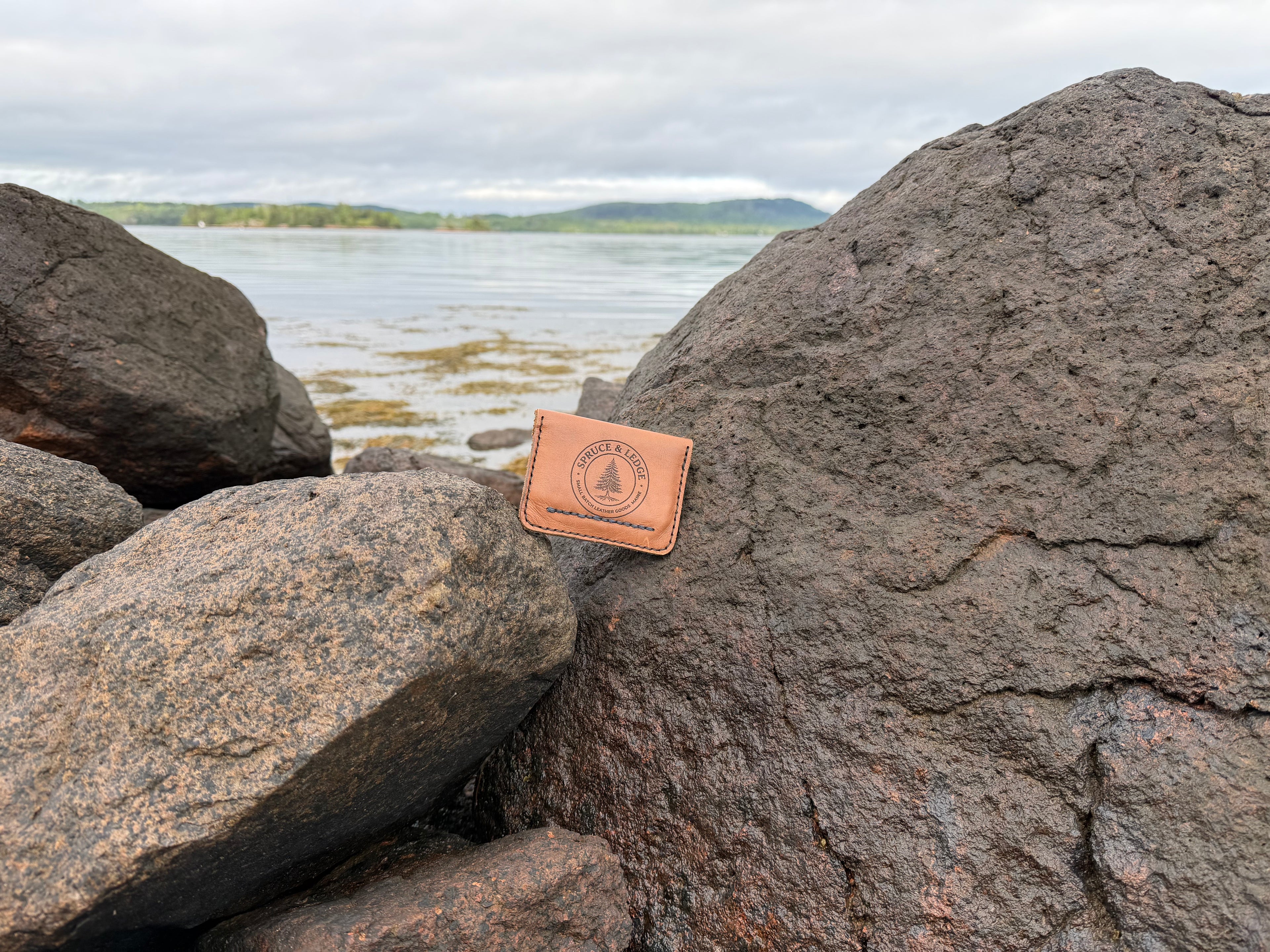 Natural leather card wallet on coastal rocks
