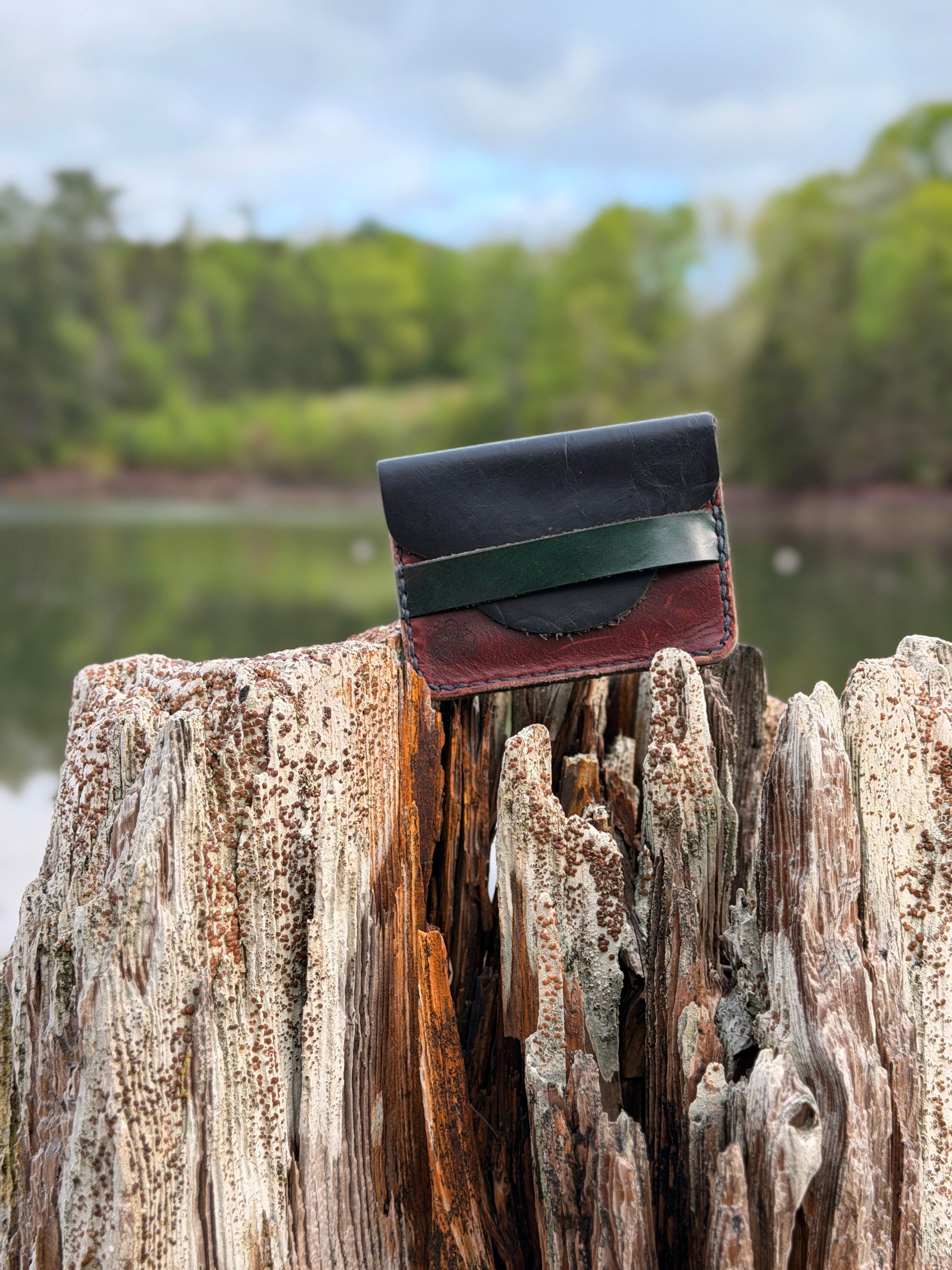 Forest green leather pouch open on driftwood