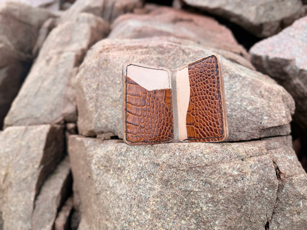 Natural veg-tan leather bifold card wallet open