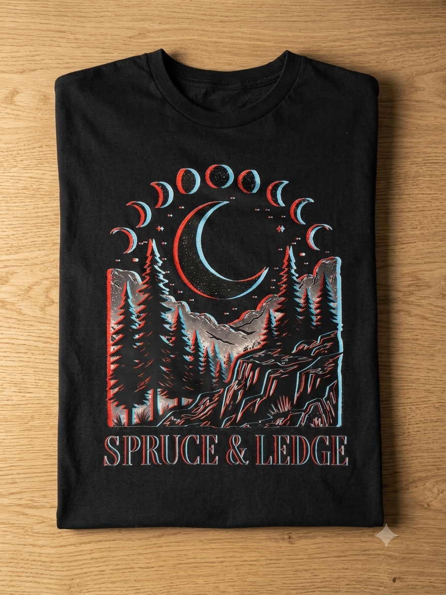 Crescent Moon Phases tee flat-lay on wood