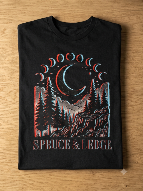 Crescent Moon Phases tee flat-lay on wood